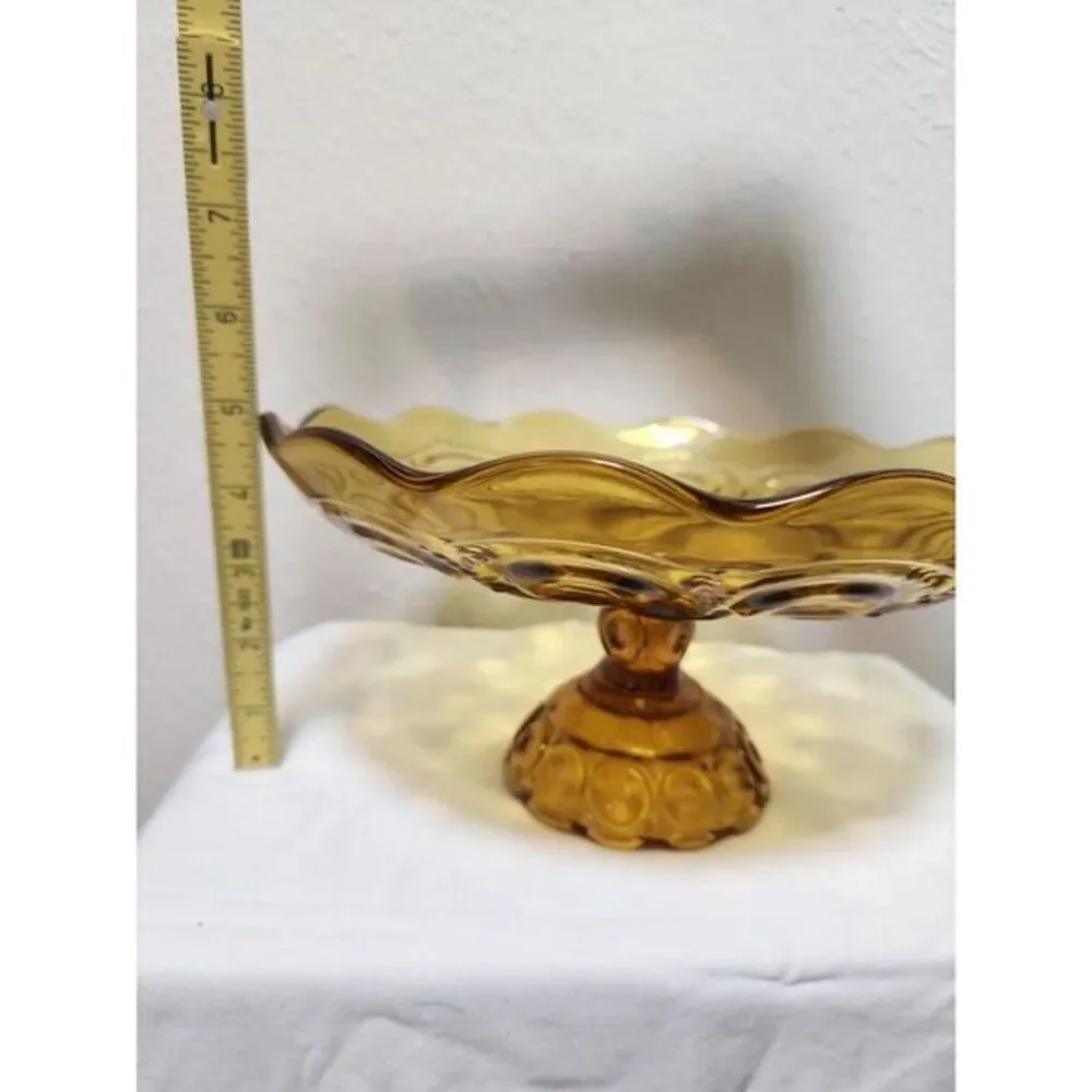 LE Smith Moon & Stars Amber Glass Dessert Stand Compote with Scalloped Edge  MCM